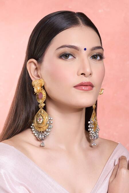 Shop Moh-Maya By Disha Khatri Multi Color Rhinestones, Stones, Studs, Elephant Carved Motif Dangler Earrings Online at Aza Fashions Shop_Moh-Maya By Disha Khatri_Multi Color Rhinestones, Stones, Studs, Elephant Carved Motif Dangler Earrings_Online_at_Aza_Fashions