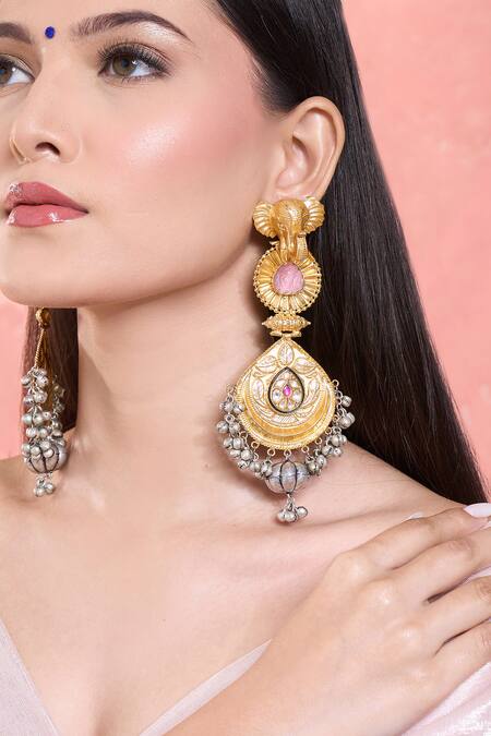 Moh-Maya By Disha Khatri Multi Color Rhinestones, Stones, Studs, Elephant Carved Motif Dangler Earrings at Aza Fashions Moh-Maya By Disha Khatri_Multi Color Rhinestones, Stones, Studs, Elephant Carved Motif Dangler Earrings_at_Aza_Fashions