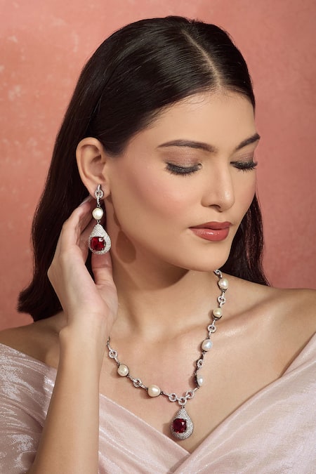 Buy_Moh-Maya By Disha Khatri_Red Pearls, Crystals, Stones Ruby Necklace Set 