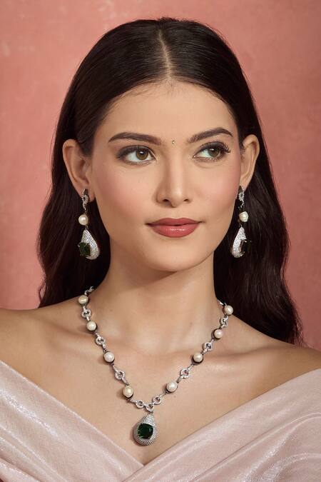 Buy Moh-Maya By Disha Khatri Green Pearls, Crystals, Stones Emerald Necklace Set Buy_Moh-Maya By Disha Khatri_Green Pearls, Crystals, Stones Emerald Necklace Set