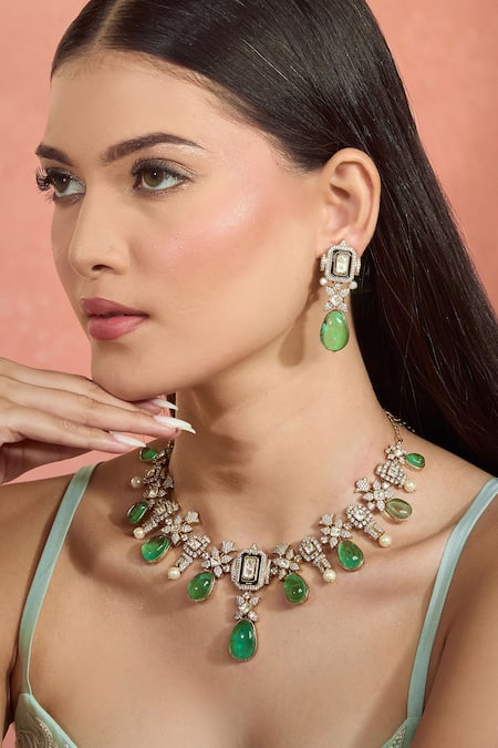 Buy Moh-Maya By Disha Khatri Green Crystals, Stones Emerald Necklace Set Online at Aza Fashions Buy_Moh-Maya By Disha Khatri_Green Crystals, Stones Emerald Necklace Set _Online_at_Aza_Fashions