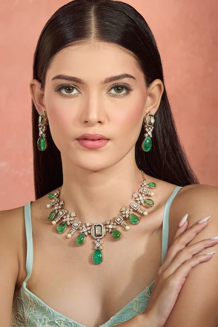 Moh-Maya By Disha Khatri Green Crystals, Stones Emerald Necklace Set at Aza Fashions Moh-Maya By Disha Khatri_Green Crystals, Stones Emerald Necklace Set _at_Aza_Fashions