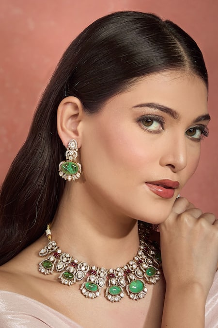 Moh-Maya By Disha Khatri Green Crystals, Stones Gold Plated Moissanite Necklace Set at Aza Fashions Moh-Maya By Disha Khatri_Green Crystals, Stones Gold Plated Moissanite Necklace Set _at_Aza_Fashions