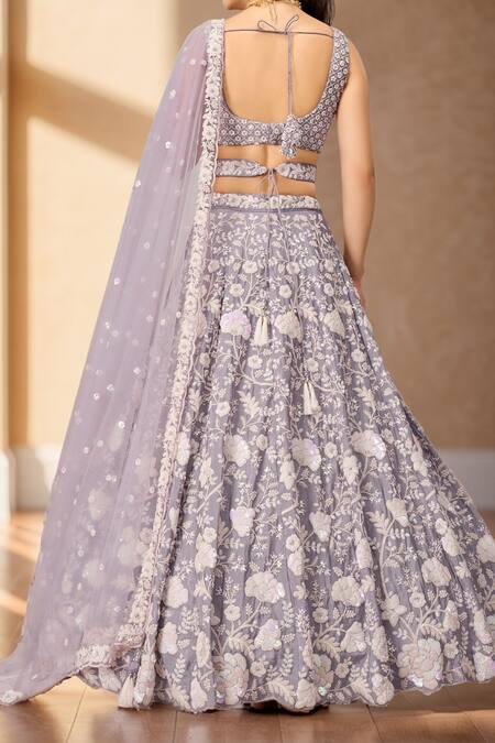 Shop Samyukta Singhania Purple Polyester, Net Embroidery, Sequins Floral Sequence Lehenga Set at Aza Fashions Shop_Samyukta Singhania_Purple Polyester, Net Embroidery, Sequins Floral Sequence Lehenga Set_at_Aza_Fashions