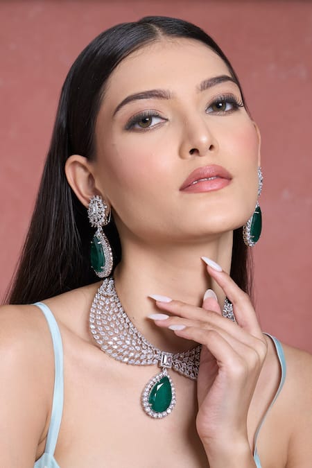 Moh-Maya By Disha Khatri_Green Crystals, Stones Emerald And Cubic Zirconia Choker Set _at_Aza_Fashions
