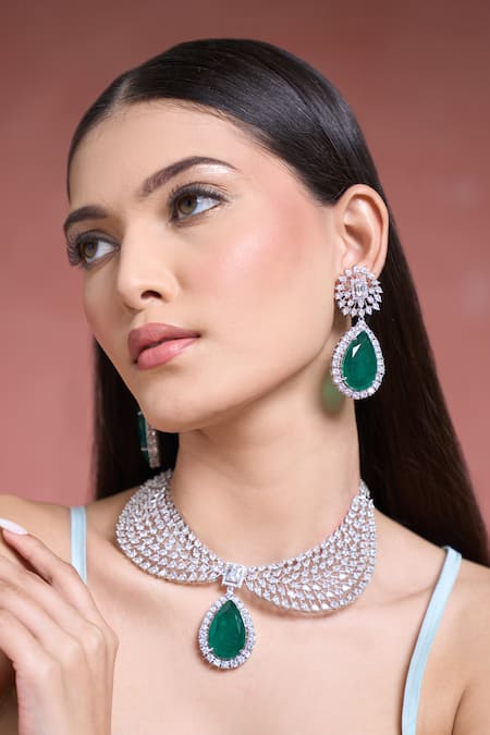 Shop_Moh-Maya By Disha Khatri_Green Crystals, Stones Emerald And Cubic Zirconia Choker Set 