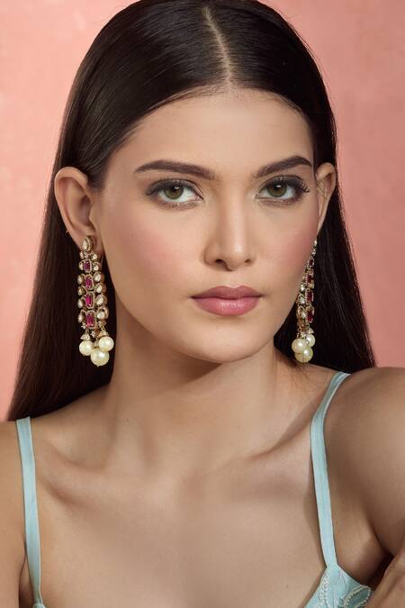 Shop Moh-Maya By Disha Khatri Pink Pearls, Crystals, Cut Work Ruby And Embellished Danglers Online at Aza Fashions Shop_Moh-Maya By Disha Khatri_Pink Pearls, Crystals, Cut Work Ruby And Embellished Danglers _Online_at_Aza_Fashions
