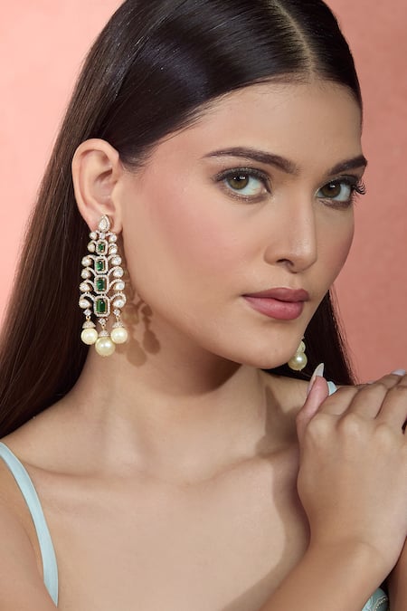 Buy Moh-Maya By Disha Khatri Green Pearls, Cut Work, Crystals Emerald Embellished Danglers Online at Aza Fashions Buy_Moh-Maya By Disha Khatri_Green Pearls, Cut Work, Crystals Emerald Embellished Danglers _Online_at_Aza_Fashions
