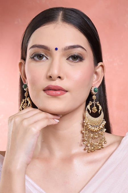 Buy_Moh-Maya By Disha Khatri_Gold Plated Floral Motif Chandbalis _Online_at_Aza_Fashions