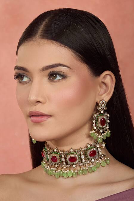 Buy Moh-Maya By Disha Khatri Multi Color Beads, Crystals, Rhinestones Moissanite Choker Necklace Set Buy_Moh-Maya By Disha Khatri_Multi Color Beads, Crystals, Rhinestones Moissanite Choker Necklace Set