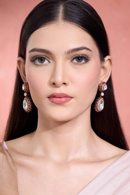 Shop Moh-Maya By Disha Khatri White Pearls, Crystals, Rhinestones Moissanite And Ruby Embellished Danglers Online at Aza Fashions Shop_Moh-Maya By Disha Khatri_White Pearls, Crystals, Rhinestones Moissanite And Ruby Embellished Danglers _Online_at_Aza_Fashions