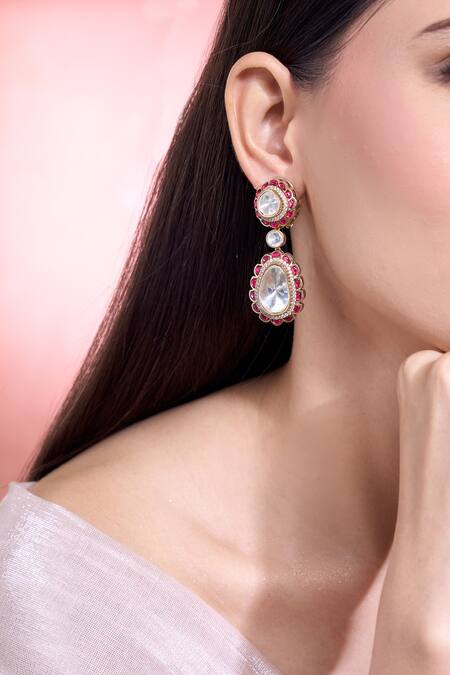 Moh-Maya By Disha Khatri White Pearls, Crystals, Rhinestones Moissanite And Ruby Embellished Danglers at Aza Fashions Moh-Maya By Disha Khatri_White Pearls, Crystals, Rhinestones Moissanite And Ruby Embellished Danglers _at_Aza_Fashions