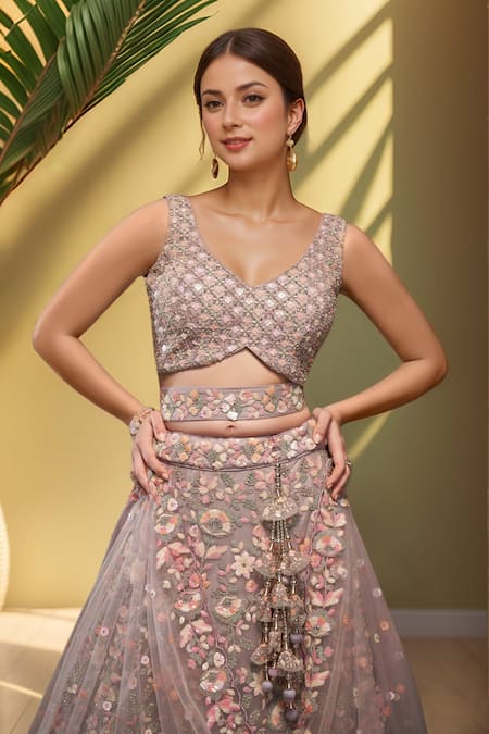 Shop_Samyukta Singhania_Purple Net Sequins, Stones, Zari V-neck Floral Embroidered Lehenga Set_Online_at_Aza_Fashions