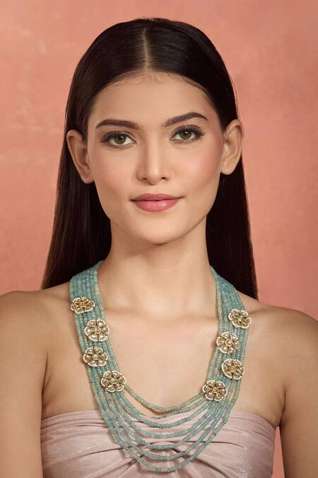 Moh-Maya By Disha Khatri_Blue Layered Moissanite Polki Necklace _Online_at_Aza_Fashions