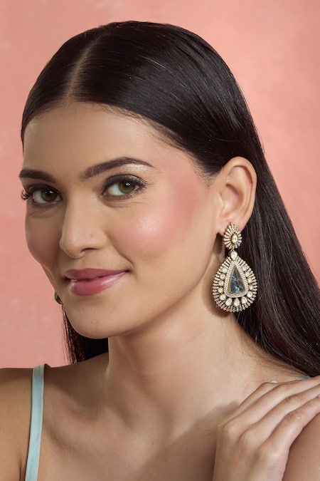 Shop_Moh-Maya By Disha Khatri_Gold Plated Pearls, Crystals, Diamonds Moissanite And Emerald Danglers _Online_at_Aza_Fashions