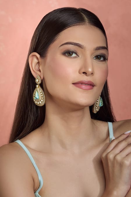 Moh-Maya By Disha Khatri_Gold Plated Pearls, Crystals, Diamonds Moissanite And Emerald Danglers _at_Aza_Fashions