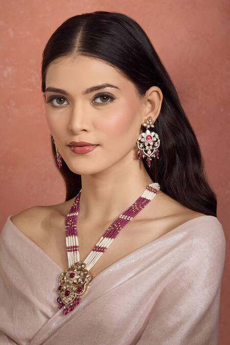 Buy Moh-Maya By Disha Khatri Red Pearls, Crystals, Cut Work, Diamonds Gold Plated And Ruby Necklace Set Buy_Moh-Maya By Disha Khatri_Red Pearls, Crystals, Cut Work, Diamonds Gold Plated And Ruby Necklace Set