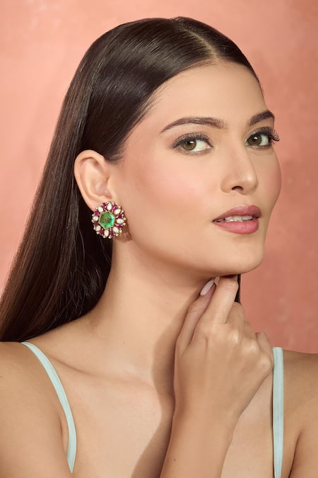 Moh-Maya By Disha Khatri Multi Color Crystals Floral Motif Studs With Embellishments at Aza Fashions Moh-Maya By Disha Khatri_Multi Color Crystals Floral Motif Studs With Embellishments _at_Aza_Fashions