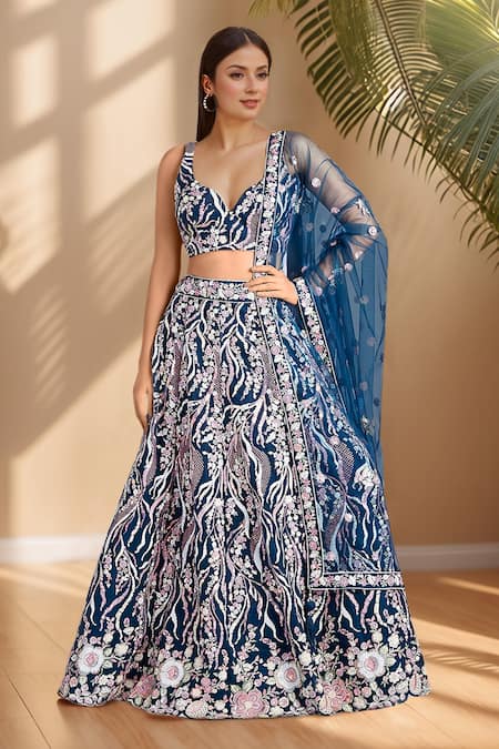 Samyukta Singhania Blue Net Embroidery Floral Vines Leaf Navy Lehenga Set 