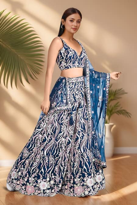 Samyukta Singhania_Blue Net, Linen Sequins, Stones, Zari, Embroidery Navy Floral Vine Lehenga Set _at_Aza_Fashions