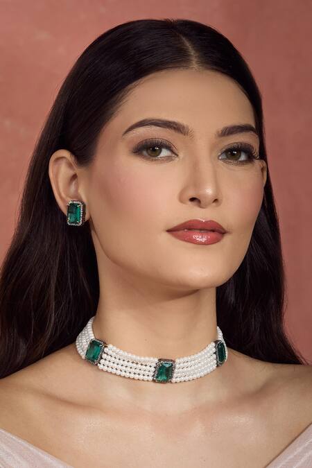 Buy Moh-Maya By Disha Khatri Emerald Green Pearls, Stones, Crystals Choker And Earring Set Online at Aza Fashions Buy_Moh-Maya By Disha Khatri_Emerald Green Pearls, Stones, Crystals Choker And Earring Set _Online_at_Aza_Fashions