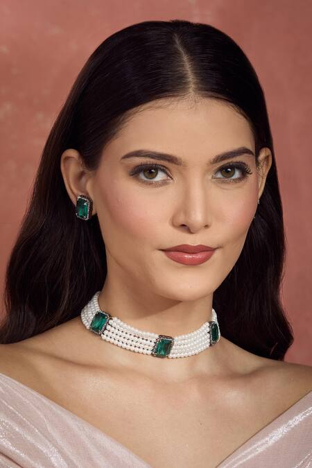 Shop Moh-Maya By Disha Khatri Emerald Green Pearls, Stones, Crystals Choker And Earring Set Online at Aza Fashions Shop_Moh-Maya By Disha Khatri_Emerald Green Pearls, Stones, Crystals Choker And Earring Set _Online_at_Aza_Fashions