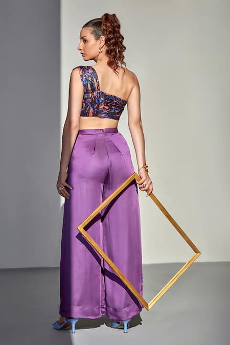 Zilaire Draped Bird Print Crop Top & Pant Set 