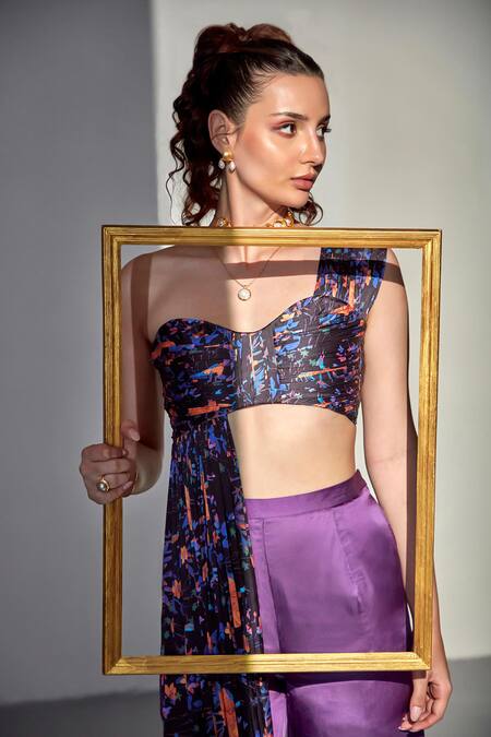 Zilaire_Lilac Satin Sweetheart Neck Draped Bird Print Crop Top And Pant Set _Online_at_Aza_Fashions