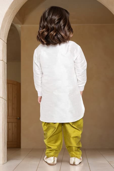 Shop Petite Pomme White Silk Embroidery Bird Pathani Kurta Set at Aza Fashions Shop_Petite Pomme_White Silk Embroidery Bird Pathani Kurta Set _at_Aza_Fashions