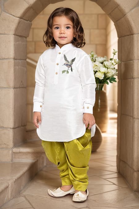 Petite Pomme White Silk Embroidery Bird Pathani Kurta Set 