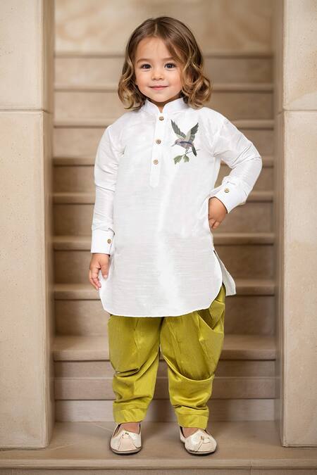 Petite Pomme White Silk Embroidery Bird Pathani Kurta Set Online at Aza Fashions Petite Pomme_White Silk Embroidery Bird Pathani Kurta Set _Online_at_Aza_Fashions