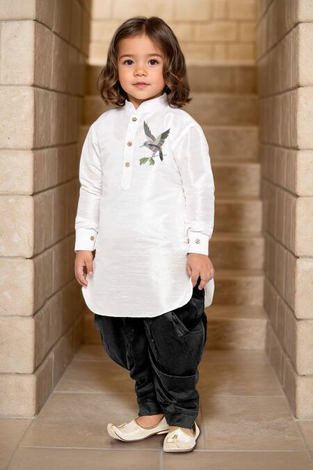 Petite Pomme White Silk Embroidery Placement Bird Pathani Kurta Set Online at Aza Fashions Petite Pomme_White Silk Embroidery Placement Bird Pathani Kurta Set _Online_at_Aza_Fashions