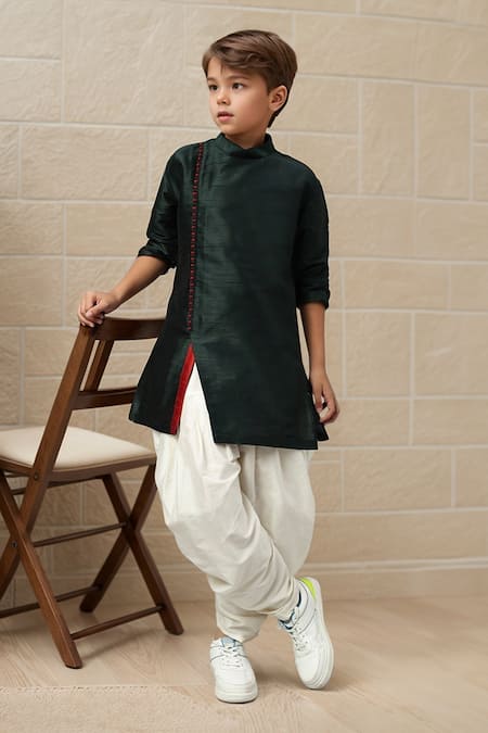 Petite Pomme Green Silk, Cotton Bottle Angarkha Kurta Set Online at Aza Fashions Petite Pomme_Green Silk, Cotton Bottle Angarkha Kurta Set _Online_at_Aza_Fashions