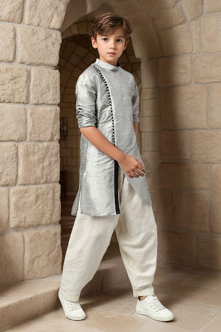 Petite Pomme Solid Grey Angarkha Kurta Set 
