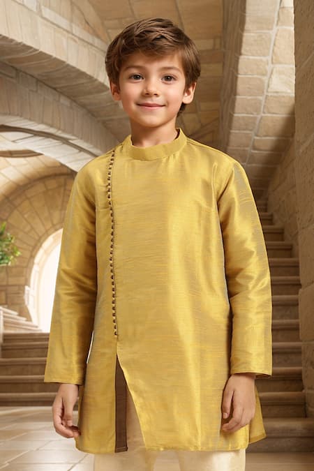 Buy_Petite Pomme_Gold Silk Angarkha Kurta Set With Pant _Online_at_Aza_Fashions