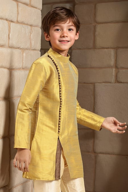Shop_Petite Pomme_Gold Silk Angarkha Kurta Set With Pant _Online_at_Aza_Fashions