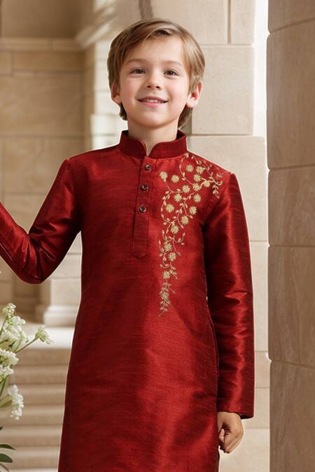 Petite Pomme_Maroon Silk Embroidery Blossom Vine Kurta Set _Online_at_Aza_Fashions