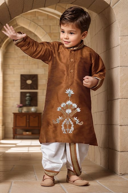 Petite Pomme Brown Silk Embroidery Blossom Crest Kurta And Dhoti Set