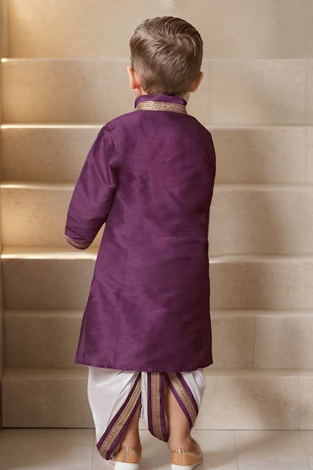 Shop_Petite Pomme_Purple Silk Embroidery Fleur Crest Kurta And Dhoti Set _at_Aza_Fashions