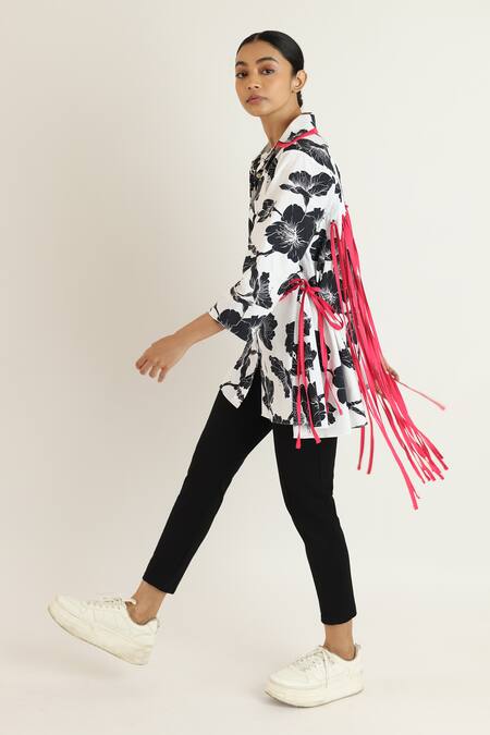 Studio Moda India_Black Cotton Tassels Collared Floral Print Shirt With Detail _Online_at_Aza_Fashions