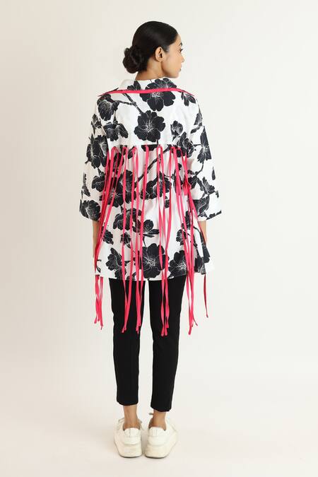 Shop_Studio Moda India_Black Cotton Tassels Collared Floral Print Shirt With Detail _at_Aza_Fashions