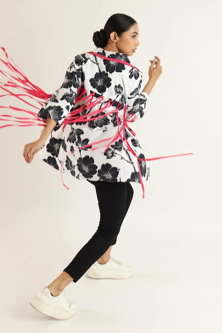 Buy_Studio Moda India_Black Cotton Tassels Collared Floral Print Shirt With Detail _Online_at_Aza_Fashions