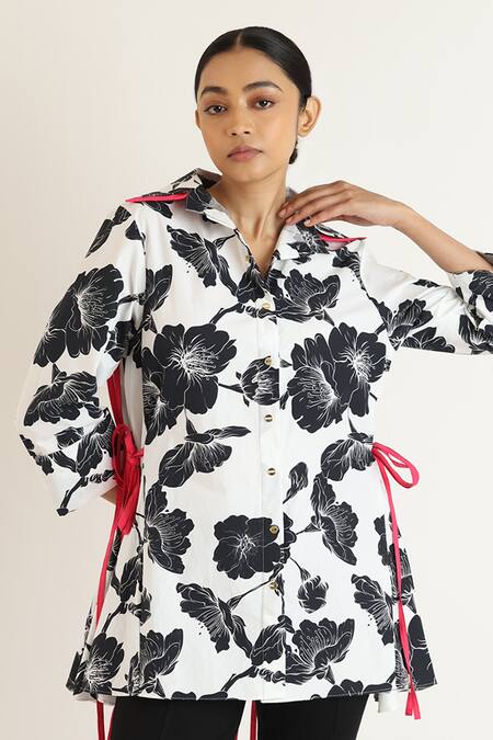 Shop_Studio Moda India_Black Cotton Tassels Collared Floral Print Shirt With Detail _Online_at_Aza_Fashions