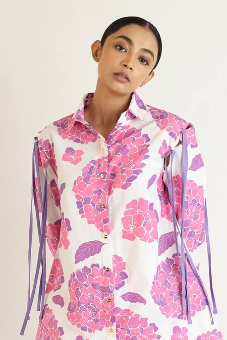 Shop_Studio Moda India_White Cotton Embroidery Collared Flower Print Designer Shirt _Online_at_Aza_Fashions