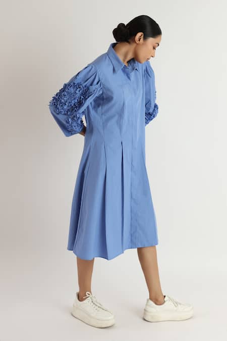 Studio Moda India_Blue Cotton Applique Collared Hydrangea Midi Dress _Online_at_Aza_Fashions