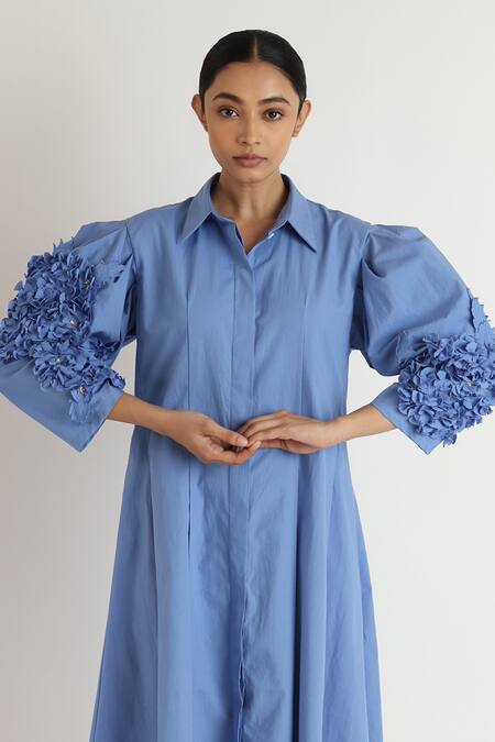 Buy Studio Moda India Blue Cotton Applique Collared Hydrangea Midi Dress Online at Aza Fashions Buy_Studio Moda India_Blue Cotton Applique Collared Hydrangea Midi Dress _Online_at_Aza_Fashions