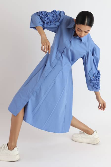 Shop_Studio Moda India_Blue Cotton Applique Collared Hydrangea Midi Dress _Online_at_Aza_Fashions