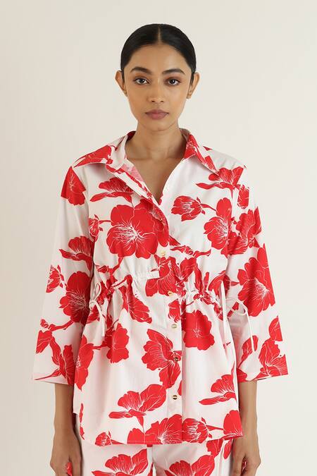 Buy_Studio Moda India_White Cotton Collared Garden Print Relaxed Fit Shirt _Online_at_Aza_Fashions