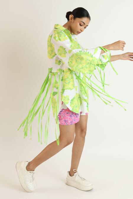 Studio Moda India_White Cotton Collared Floral Print Long U Hem Shirt _Online_at_Aza_Fashions