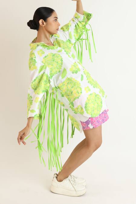 Buy_Studio Moda India_White Cotton Collared Floral Print Long U Hem Shirt _Online_at_Aza_Fashions